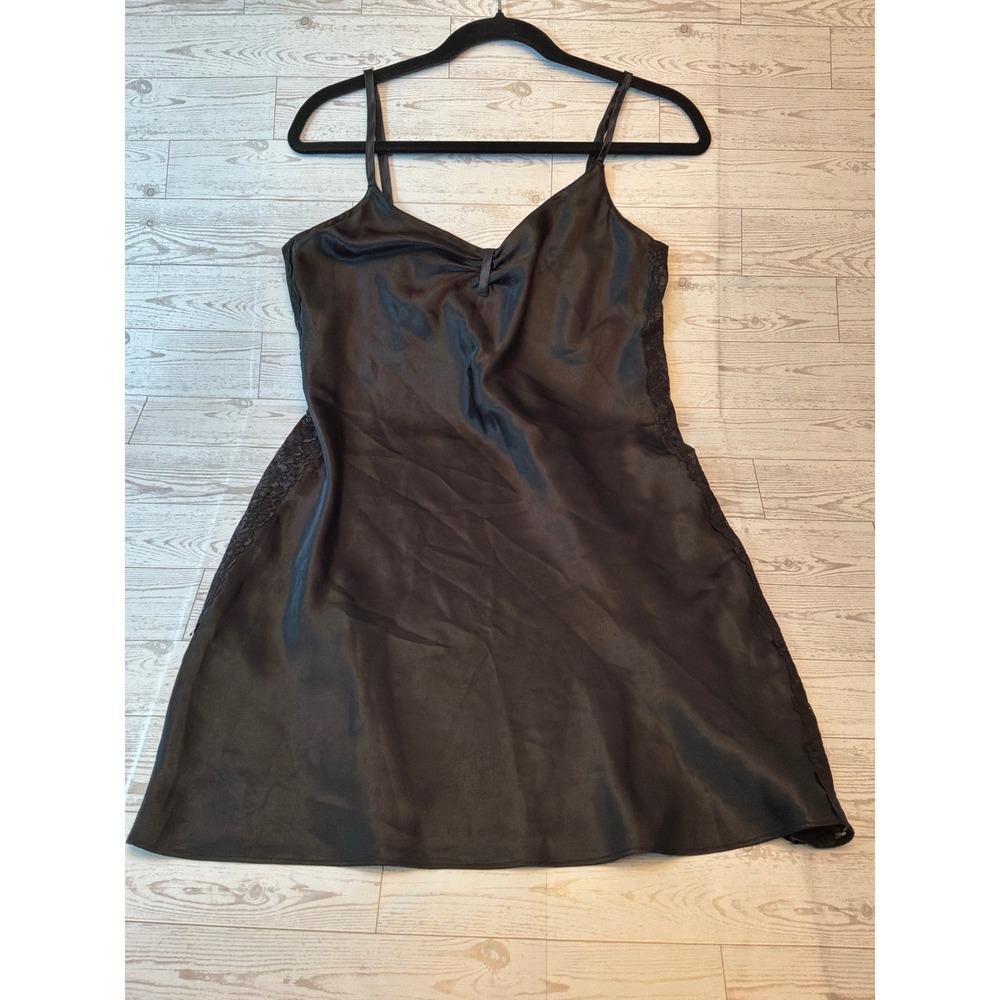 Morgan Taylor Slip Dress Women S Black Satin Lace Trim Coquette Indie Sleaze 90s